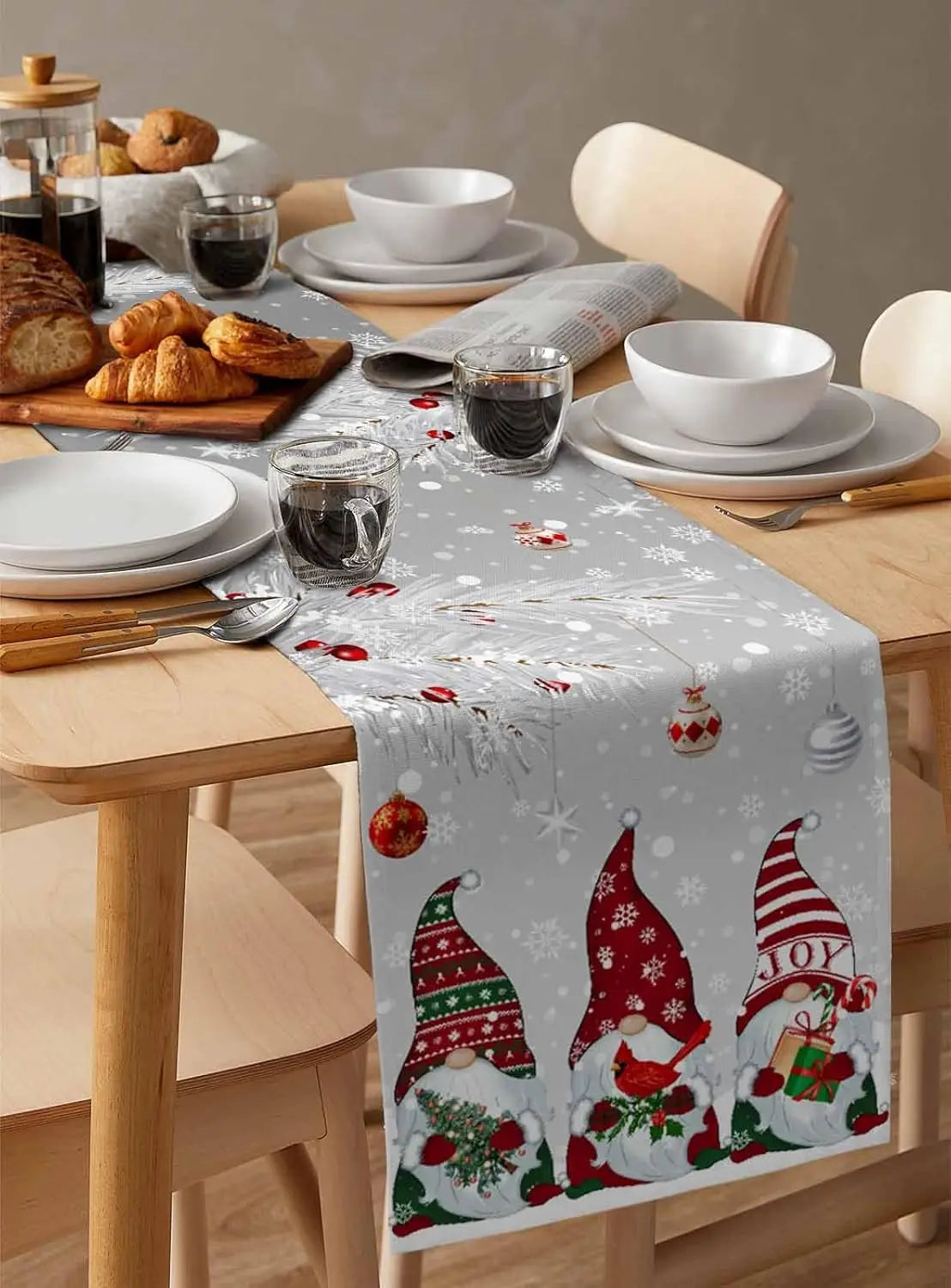 Table Runner Collection - Christmas Pink Gnomes Linen Table Runner