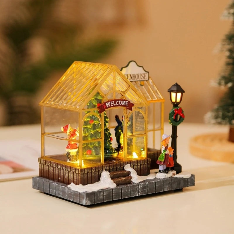 Light-Up Musical Mini Greenhouse Cottage – Resin Christmas Village House with LED & Music