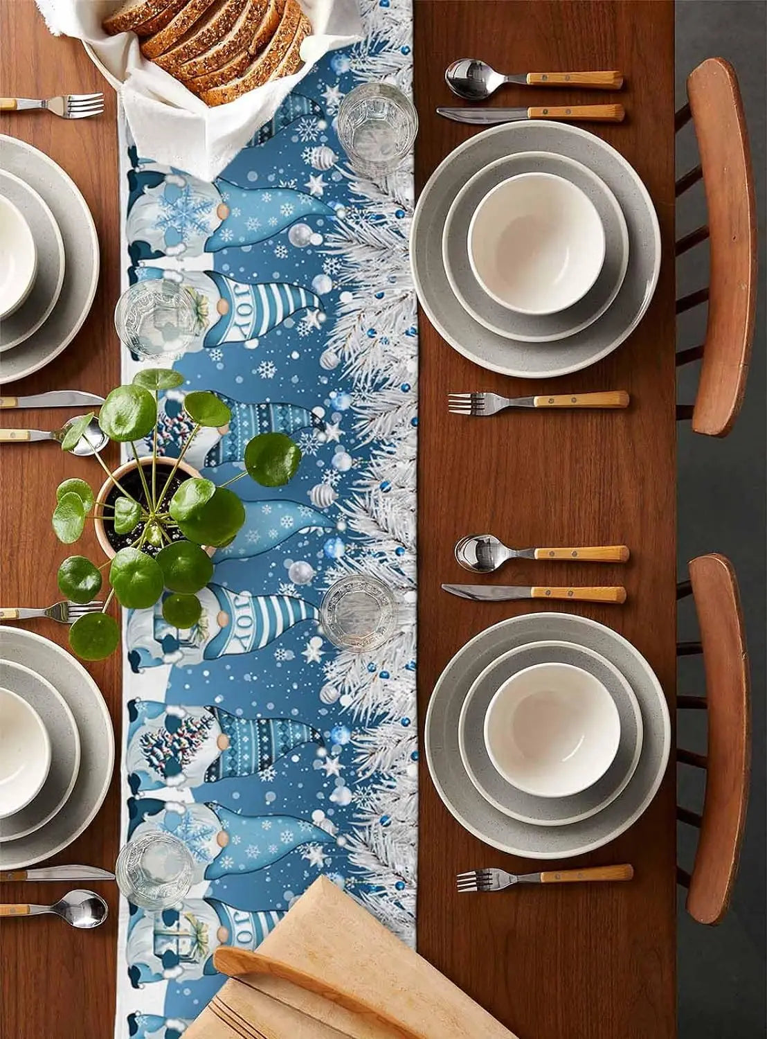 Table Runner Collection - Christmas Blue Gnomes Linen Table Runner