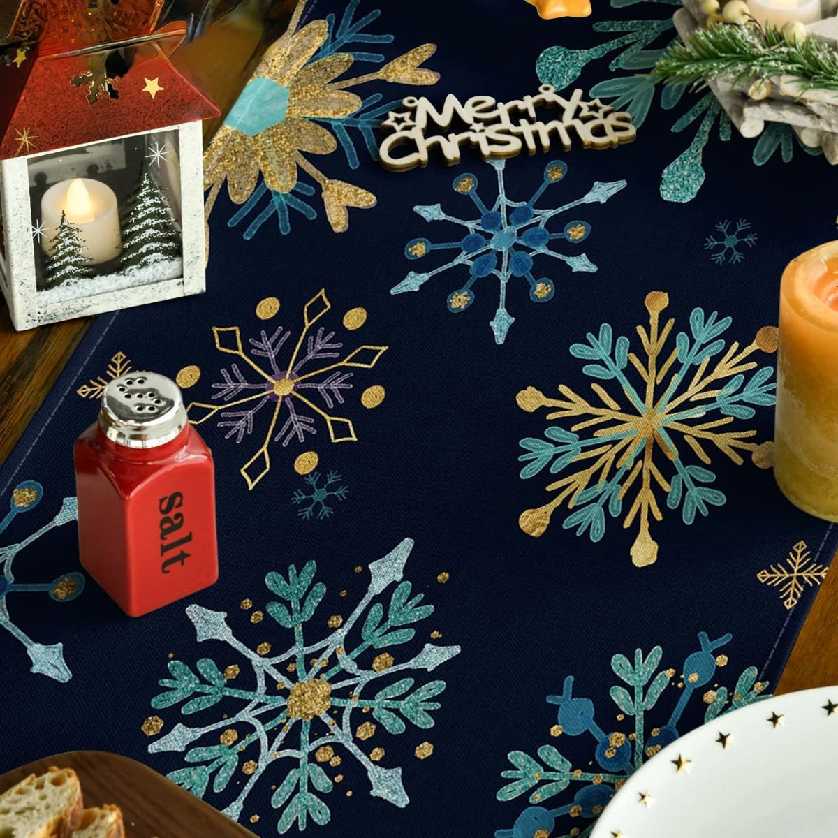 Table Runner Collection - Christmas Blue Snowflakes Hexagon Linen Table Runners
