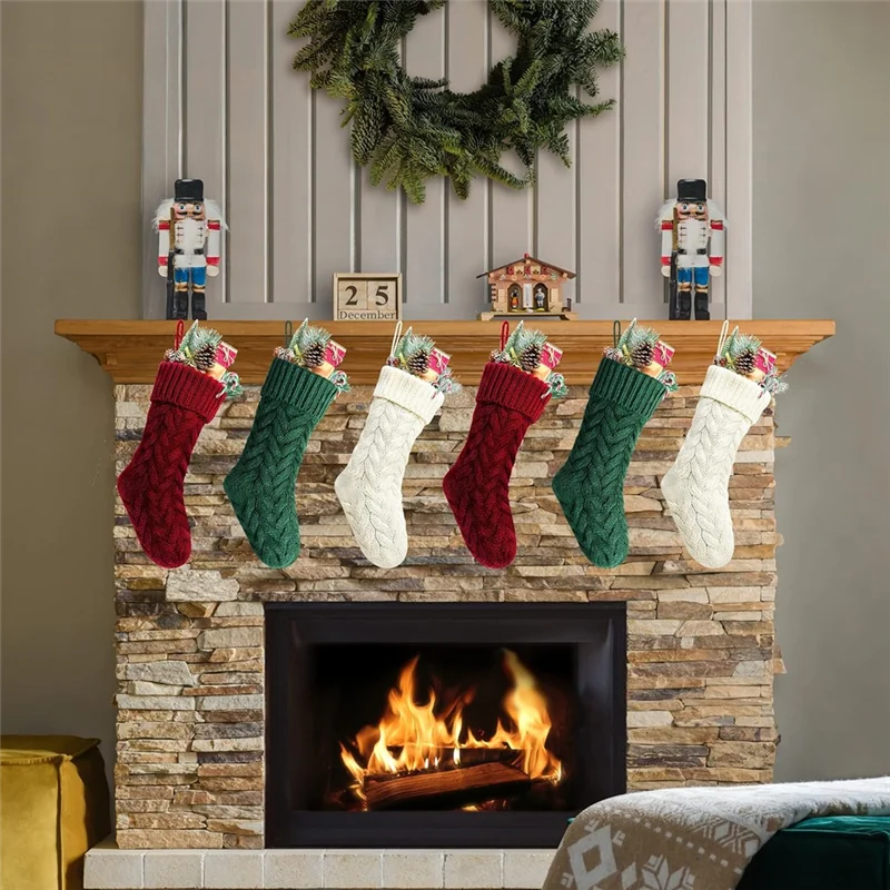 Christmas Stocking Collection - 6pcs Knitted Christmas Stockings Set – Large 18” Holiday Hanging Socks (Red, Green & Ivory)