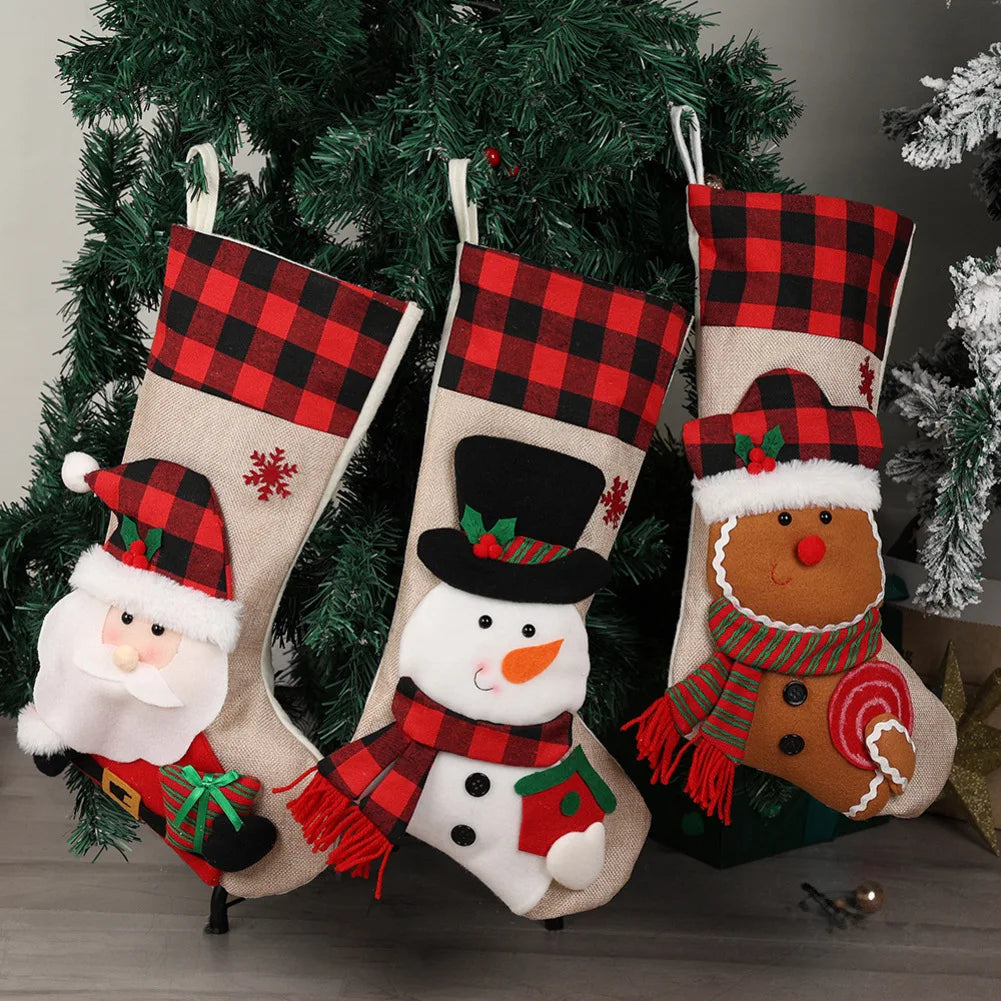 Christmas Stocking Collection -  19 Inch 3D Plush Christmas Stocking – Large Holiday Hanging Gift Sock (Snowman, Santa, Deer, Penguin & Biscuit Designs)